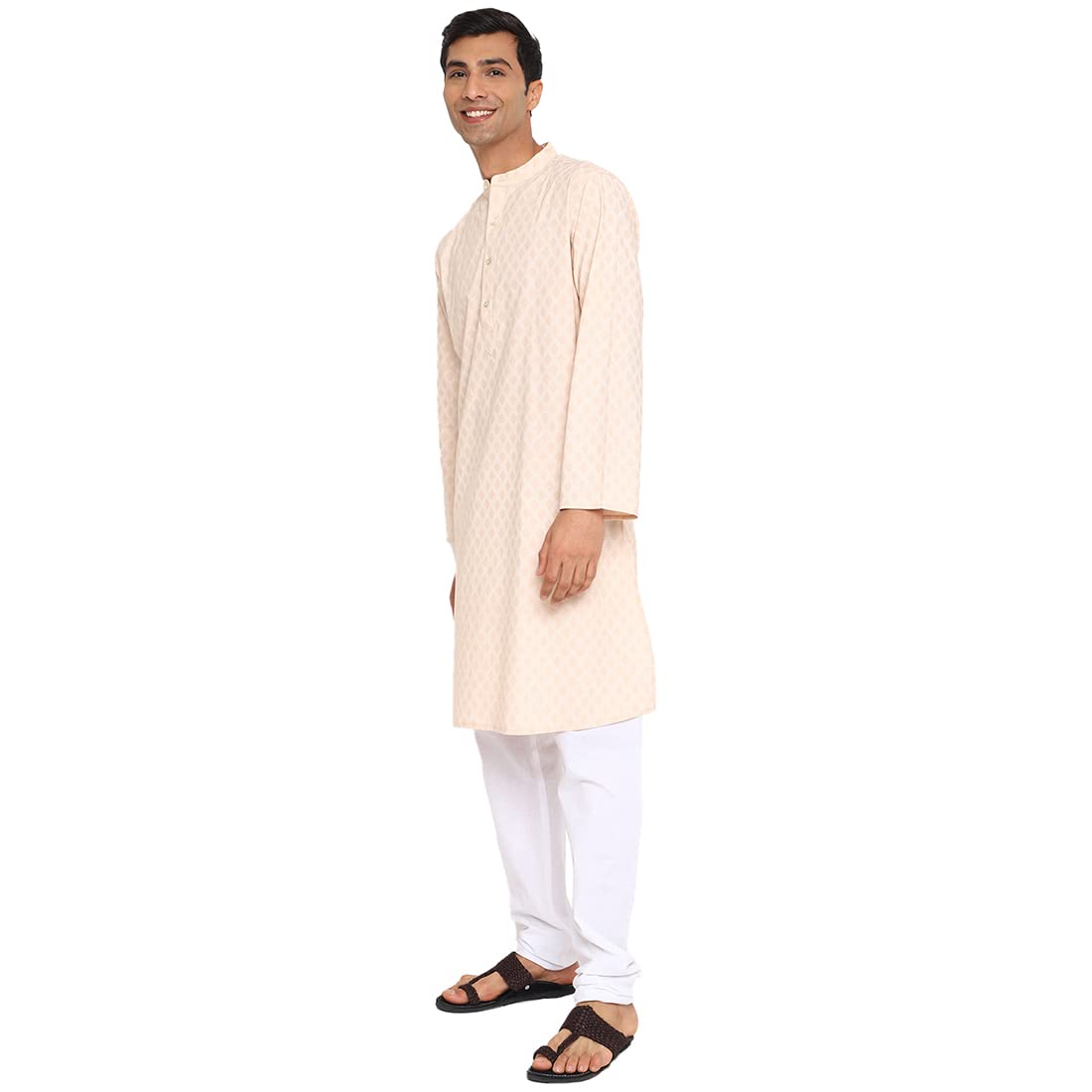 Fabindia MenS Cotton Printed Relaxed Kurta (102884701_Beige