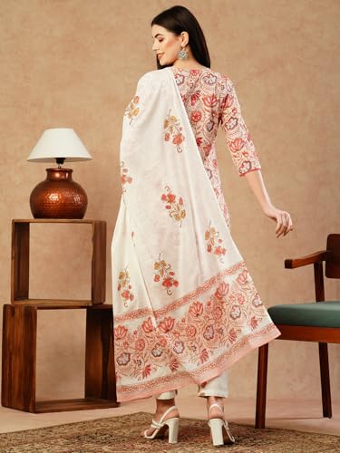 ANNI DESIGNER Womens Cotton Blend Straight Printed Kurta with Pant & Dupatta (Dhama Peach_S_Peach_Small)