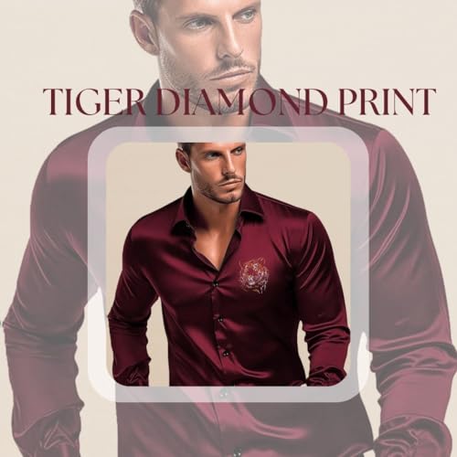 Indoprimo MenS Satin Stylish Club Wear Tiger Diamond Print Shirt Full Sleeve Maroon