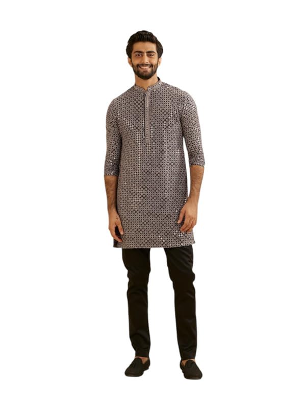 Manyavar MenS Viscose Embroidery|Sequins Work|Thread Work Kurta Set (Grey,Xxl)