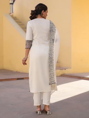 ANNI DESIGNER Womens Rayon Blend Embroidered Straight Kurta with Pant & Dupatta (TRP-Off-White-NBH_XL_White_X-Large)