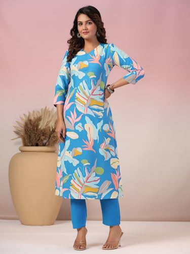ANNI DESIGNER Womens Rayon Blend Straight Printed Kurta with Pant (Jonaki Blue-NW_4XL_Blue_XXXX-Large)