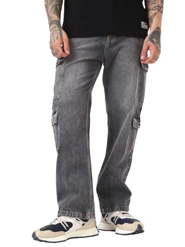 Bewakoof Mens Washed Straight Fit Cotton Cargo Jeans_654890_Grey_28