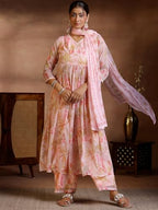 Libas Womens Printed Chiffon A-Line Kurta With Palazzos And Dupatta