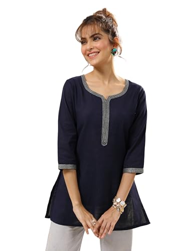Libas Womens Solid Cotton Straight Kurti For Women Blue