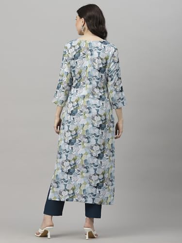 ANNI DESIGNER Womens Cotton Blend Straight Printed Kurta with Pant (SouthZ Blue-NW_L_Blue_Large)