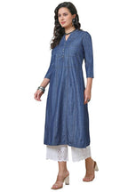 Soch Womens Indigo Cotton Blend Checked Mandarin Collar Kurta