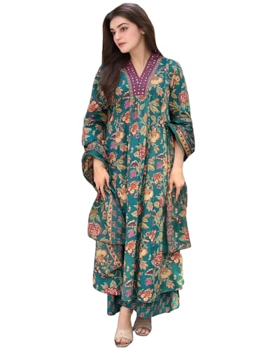 ANNI DESIGNER Womens Rayon Viscose Anarkali Printed Kurta with Palazzo & Dupatta (CIA GREEN-VKS02_5XL_Green_XXXXX-Large)