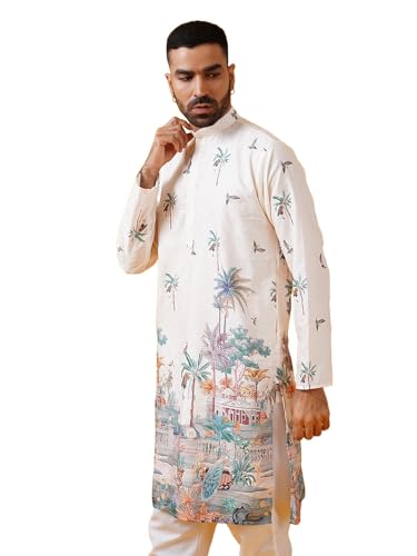 Sojanya (Since 1958 MenS Cotton Krochet Daman Print Cream Long Kurta