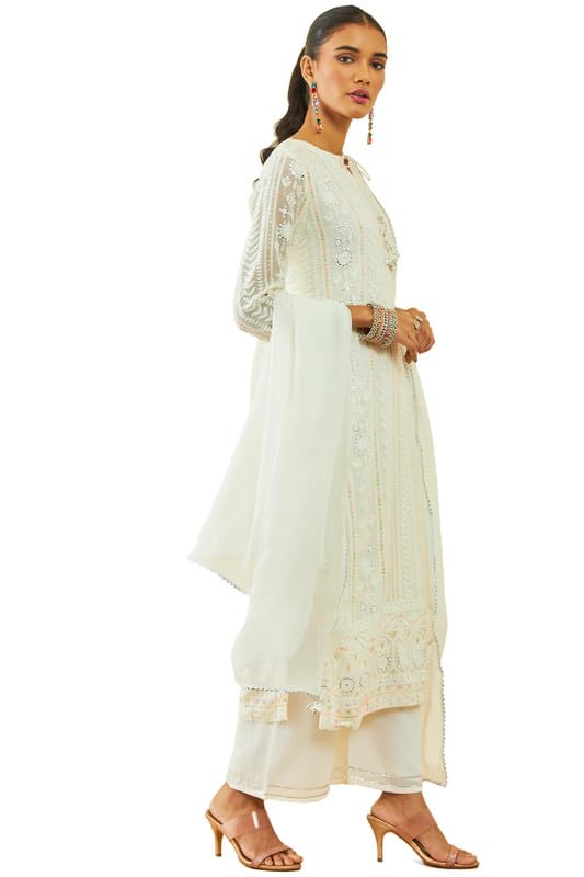 Soch Womens Off White Georgette All-Over Embroidered Palazzo Suit Set With Dupatta