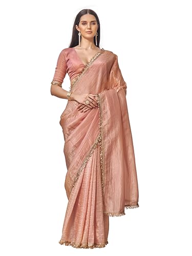 Womanista Womens Solid Embellished Lace Saree With Un-stitched blouse