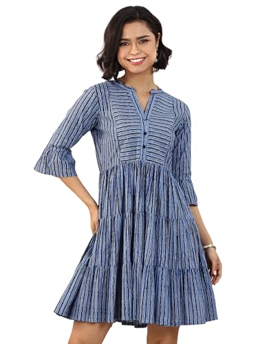 Libas Womens Printed Cotton Fit And Flare Dress For Women Indigo
