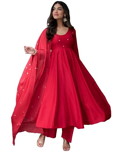 ANNI Designer Womens Rayon Viscose Embroidery Anarkali Kurta with Pant & Dupatta (KANIMOLI RED_XXL_RED_XX-Large)