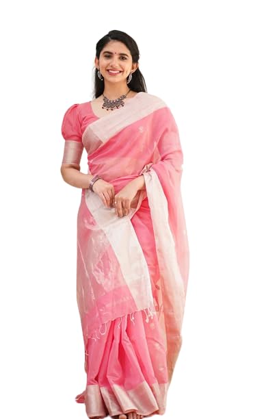 Flosive Womens Kanjivaram Pure Zari Woven Soft Silk Saree With Blouse Piece Multicolor (PINK)