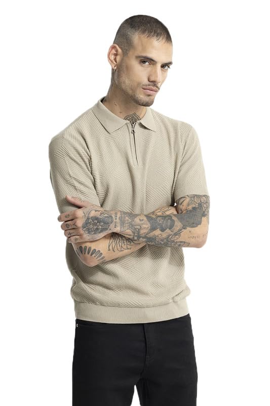 SNITCH Mens Plain TShirts | Resort Wear| Holiday Streetwear Style | Cotton Polo Half Sleeve Slim Fit Beige 2