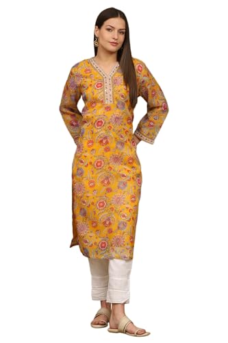 W For Woman Yellow Floral Printed Straight Kota Kurta (Size: Xl)-W12129-124230