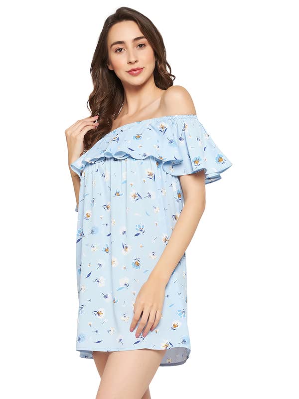 Clovia Women'S Crepe Pretty Florals Resortwear Bardot Dress In Blue (Rw0018P03_Blue_Xl)