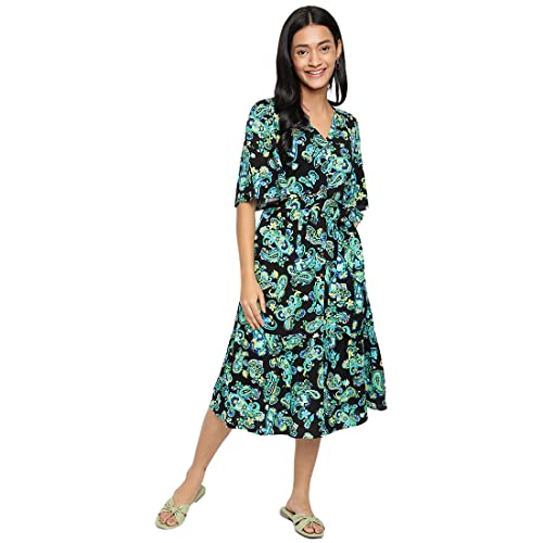 Fabindia WomenS Viscose Blue Cotton Printed Hand Block Print Kaftan Calf Length Dress (102617501_Multi