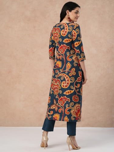ANNI DESIGNER Womens Cotton Blend Straight Printed Kurta with Pant (Tinka Kerosin-NW_M_Dark Blue_Medium)