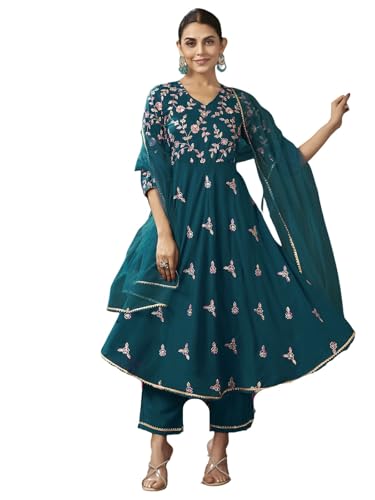 Sanisa Women'S Chinnon Sequins And Embroidery Work Anarkali Kurta With Pant And Dupatta Set (195Kbd2071N-S_Rama Blue)