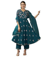 Sanisa Women'S Chinnon Sequins And Embroidery Work Anarkali Kurta With Pant And Dupatta Set (195Kbd2071N-S_Rama Blue)