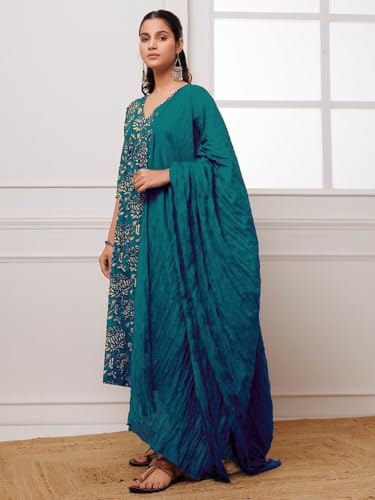 ANNI DESIGNER Womens Rayon Blend Anarkali Printed Kurta with Pant & Dupatta (Dabu Kerosin_L_Dark Blue_Large)