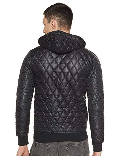 Campus Sutra Mens Black Solid Vegan Leather Regular Fit Cotton Jacket for Winter Wear Standing Collar Full Sleeve | Zipper | Ca