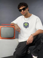 The Souled Store Oversized T-Shirt: Snake Game Men and Boys Short Sleeves Round Neck White Embroidered Applique Patch Casual Str