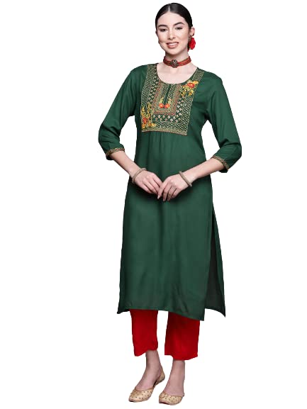 Anubhutee Women'S Viscose Rayon Green Yoke Embroidered Kurta With Palazzo Set
