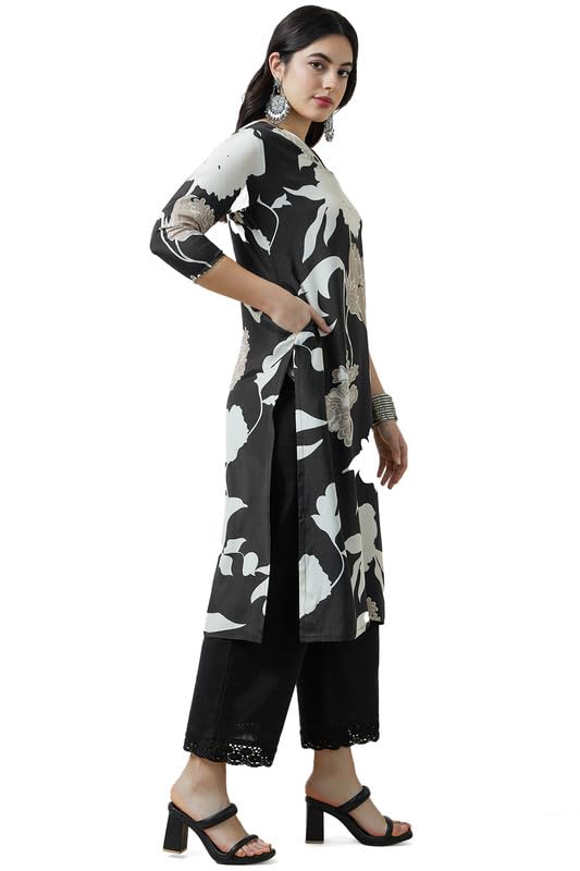 Soch Womens Black Botanical Print Viscose Muslin Kurta With Gotta Patti