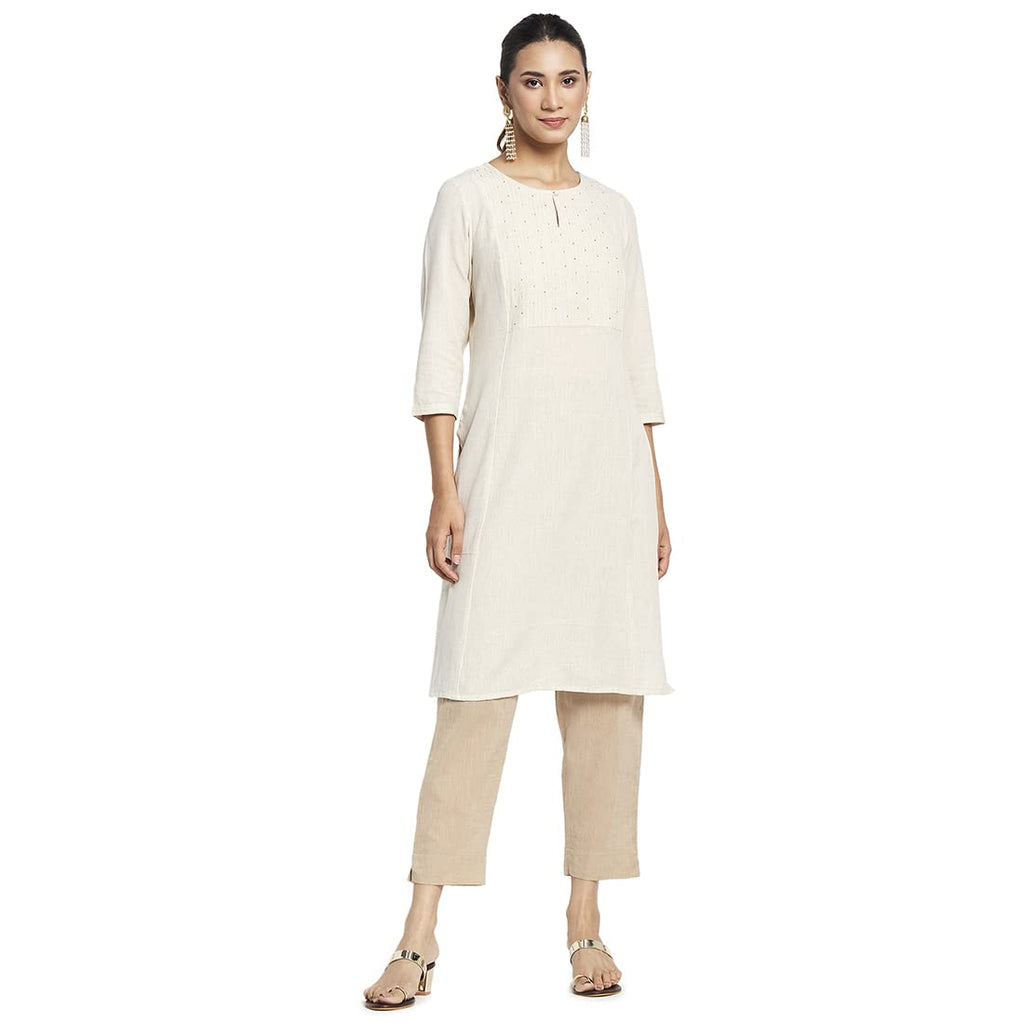 Fabindia Women Cotton Linen Knee Length Kurta Natural_Xl