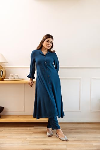 Blue Solid Shirt Collar Rayon Kurta With Pants