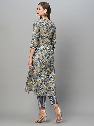 ANNI DESIGNER Womens Cotton Blend Straight Printed Kurta with Pant Set (Prachi Blue_M_Blue_Medium)