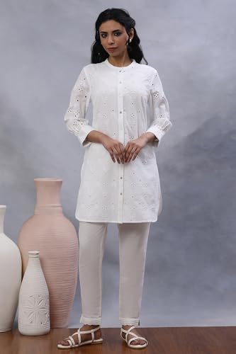 W Women White Floral Print Cotton Kurta