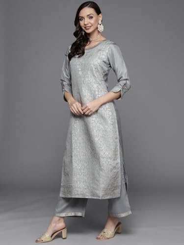 Libas Womens Woven Design Silk Blend Straight Kurta With Palazzos And Dupatta