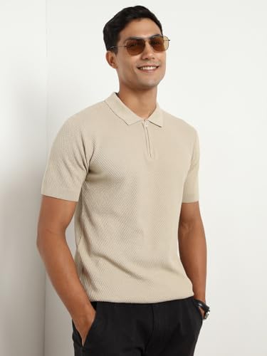Nobero MenS Self Design Regular Fit Polo Shirt (1M-Twpo-R0014_Stone