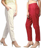 Digital Shopee Women Cotton Ankle Length Double Side Pocket Elastic Waist Regular Fit Trouser- Pack Of 2, White And Red (Small)