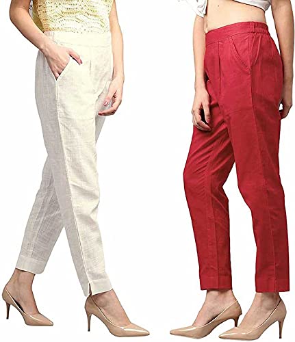 Digital Shopee Women Cotton Ankle Length Double Side Pocket Elastic Waist Regular Fit Trouser- Pack Of 2, White And Red (Small)