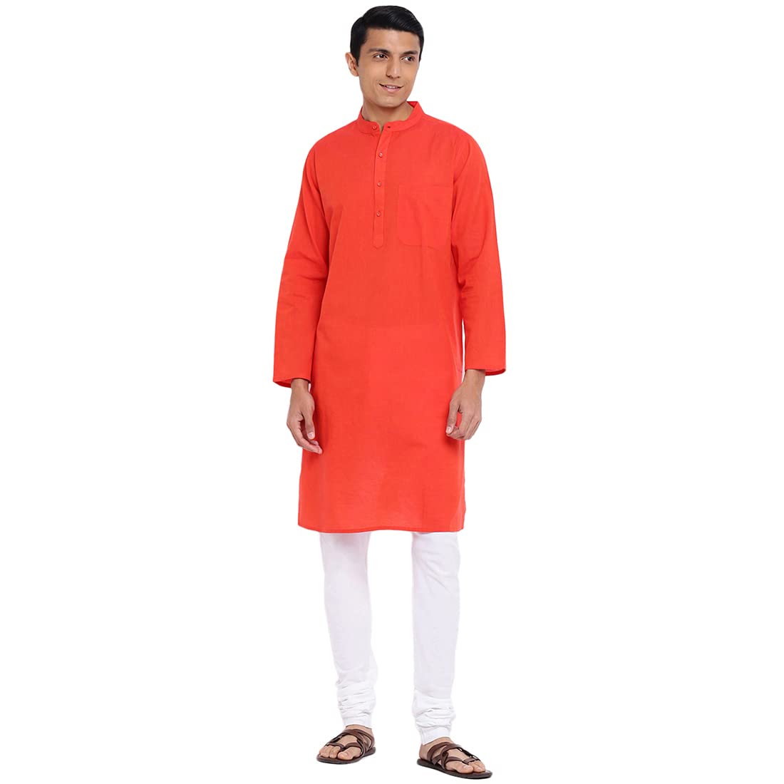 Fabindia Men Cotton Long Kurta Comfort Fit Orange_M