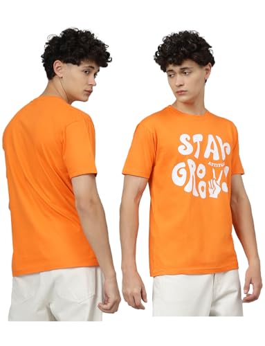 LookMark Mens Printed Pure Cotton Oversized Round Neck Longline Drop Shoulder Short Sleeve Tshirt (AZ-LM-P1-MT25 Orange-XXL)