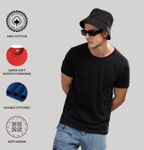 ADRO Men's Solid Regular Fit T-Shirt (RCM3-PLN-PT-BL-WH_Pista,Black,White