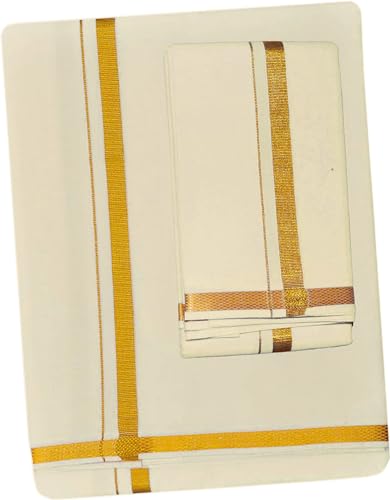 Prakasam Cotton Cream Jari Border Cotton Blended Single (1.28X2.00Mtrs) Dhoti For Mens/Poly Cotton 50 White Jari Dhoti & Matchin