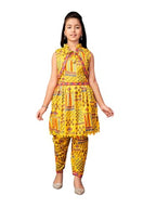 Aarika Girls Ethnic Wear Yellow Colour Abstract Print Crepe Kurti Patiala Set With Jacket (4-13 Years)