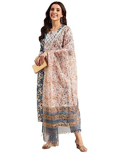 ANNI DESIGNER Womens Cotton Blend Straight Printed Kurta with Pant & Dupatta (Kuntu Blue-NWG_M_Blue_Medium)