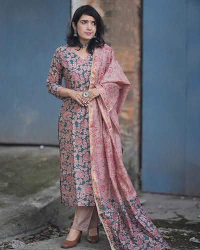 ANNI DESIGNER Womens Cotton Blend Printed Straight Kurta with Pant & Dupatta (Moringa Green_L_Green_Large)