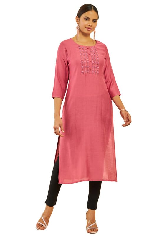 Soch Womens Pink Viscose Blend Beadwork Round-Neck Straight Kurta