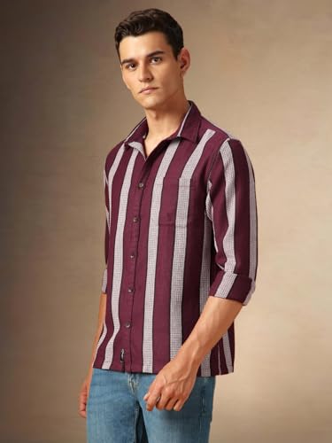 Dennis Lingo Men Stripes Cotton Poly Relaxed Fit Full Sleeves Shirt Maroon