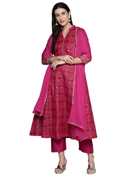 Varanga Women Pink Floral Printed Anarkali Kurtapaired With Tonal Printed Bottom And Dupatta