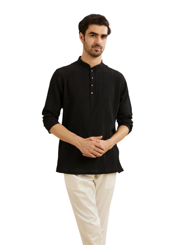 Manyavar MenS Spandex Textured Short Kurta (Black,Xxl)