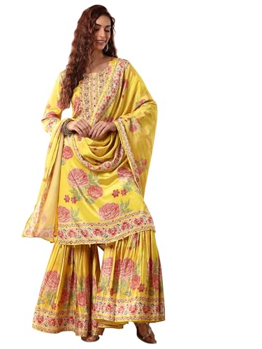 Libas Art Womens Printed Chinon Straight Kurta With Sharara And Dupatta
